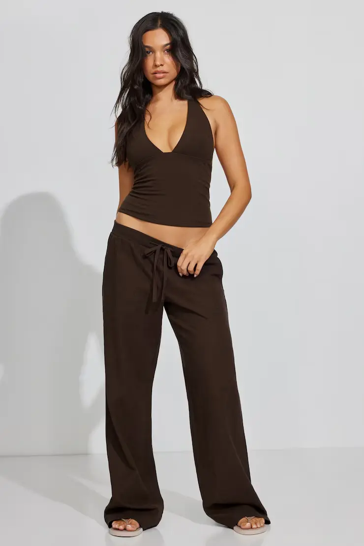 Linen Ribbed Waistband Pull-On Pants